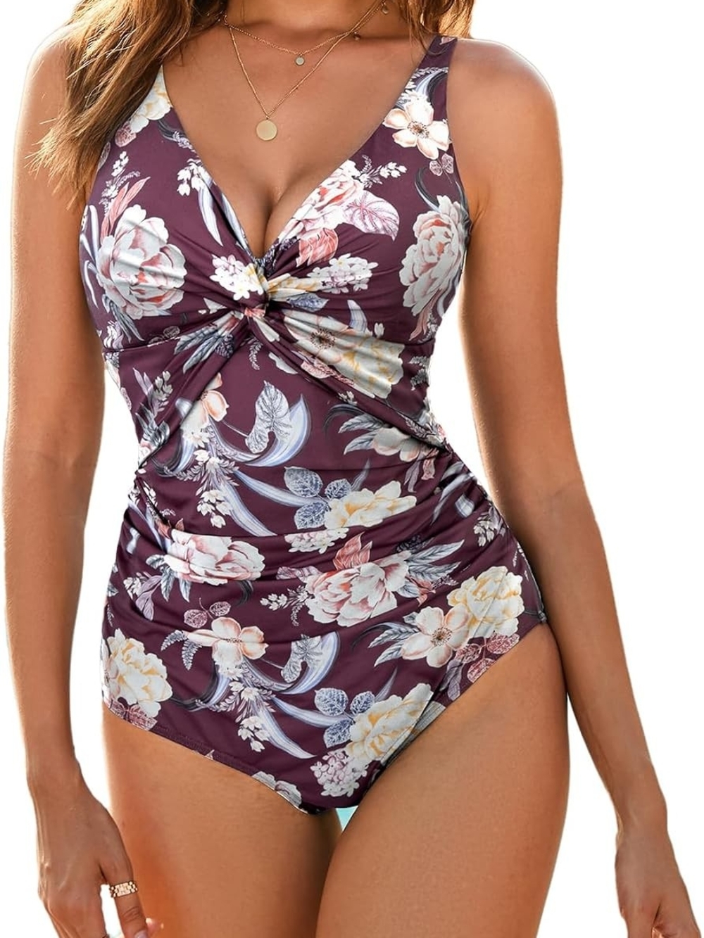 NWT Floral Twist-Front One-Piece Swimsuit in Plum 14 US